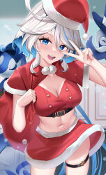 Rule 34 | 1girl, :d, alternate costume, belt, black belt, blue eyes, blue hair, breasts, cleavage, colored inner hair, commentary, cowboy shot, crop top, furina (genshin impact), genshin impact, hand up, hat, highres, long hair, looking at viewer, medium breasts, midriff, miniskirt, multicolored hair, navel, open mouth, red hat, red shirt, red skirt, santa hat, shirt, skai kun, skirt, skirt set, smile, solo, standing, stomach, thigh strap, thighs, v over eye, very long hair, white hair