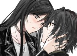Rule 34 | 2girls, aoki shizumi, aoyagi tsubaki, black choker, black hair, black jacket, black nails, blush, choker, commentary request, d4dj, eye contact, grey eyes, hand on another&#039;s head, jacket, jewelry, long hair, looking at another, miyake aoi, multiple girls, multiple rings, parted lips, ring, shirt, short hair, simple background, sweatdrop, white background, white shirt