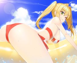 Rule 34 | (tat), 1girl, ass, bad id, bad pixiv id, bikini, blonde hair, breasts, cloud, day, fate/grand order, fate (series), green eyes, hair intakes, lens flare, long hair, looking at viewer, looking to the side, medium breasts, nero claudius (fate), nero claudius (fate) (all), nero claudius (swimsuit caster) (fate), red bikini, smile, solo, striped bikini, striped clothes, swimsuit, thighs, twintails, water, white bikini