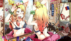 Rule 34 | 1girl, bad id, bad pixiv id, blonde hair, bra, contemporary, domino&#039;s pizza, dr pepper, female focus, garlic, hat, kirisame marisa, lingerie, messy room, mirror, reflection, sakurai energy, solo, touhou, underwear, witch hat