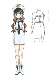 Rule 34 | 1girl, absurdres, alternate costume, arms behind back, asamaru1225, bare legs, black necktie, boots, breast pocket, brown hair, closed mouth, commentary request, creatures (company), dress, full body, game freak, green eyes, hat, highres, hilda (pokemon), knees, long hair, looking at viewer, multiple views, necktie, nintendo, partially colored, pencil skirt, pocket, pokemon, pokemon bw, sidelocks, simple background, skirt, sleeveless, sleeveless dress, smile, socks, split mouth, standing, train conductor, white background, white dress, white headwear