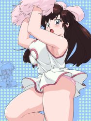 Rule 34 | 1girl, arms up, ass, bare shoulders, black eyes, blood, blush, bouncing breasts, bow, breasts, brown hair, cheerleader, clothes lift, hair ornament, kuonji ukyou, large breasts, legs, long hair, looking at viewer, mage (harumagedon), nosebleed, open mouth, panties, pink panties, ranma 1/2, saotome ranma, sitting, skirt, skirt lift, standing, thighs, underwear, upskirt