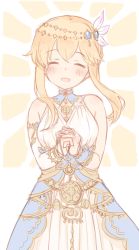Rule 34 | 1girl, 7010, :d, ^ ^, blonde hair, clarice (idolmaster), closed eyes, commentary, dress, closed eyes, facing viewer, hair ornament, idolmaster, idolmaster cinderella girls, jewelry, long hair, open mouth, own hands together, sidelocks, smile, solo