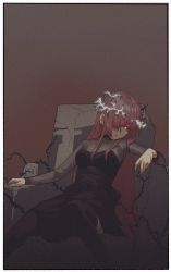 Rule 34 | 1girl, absurdres, black dress, bodystocking, bright pupils, broken, brown thighhighs, closed mouth, crown of thorns, dress, gogalking, hair over one eye, highres, long hair, looking at viewer, one eye covered, original, pink hair, reclining, red eyes, short dress, sitting, solo, thighhighs, throne, white pupils