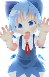 Rule 34 | 1girl, against glass, akisha, bad id, bad pixiv id, blue dress, blue eyes, blue hair, bow, cirno, dress, fangs, fourth wall, hair bow, ice, ice wings, looking at viewer, matching hair/eyes, neckerchief, open mouth, shirt, short hair, short sleeves, simple background, solo, touhou, white background, wings