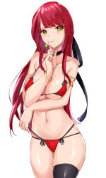Rule 34 | 1girl, absurdres, adjusting clothes, adjusting swimsuit, armlet, bikini, black choker, black ribbon, black thighhighs, blush, breasts, choker, cleavage, collarbone, cowboy shot, floating hair, green eyes, haneramu, highres, index finger raised, large breasts, long hair, looking at viewer, multi-strapped bikini, navel, original, parted lips, red bikini, red hair, ribbon, shiny clothes, shiny legwear, sideboob, simple background, solo, standing, swimsuit, thighhighs, underboob, very long hair, white background
