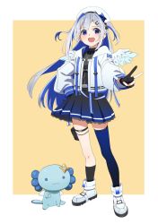 Rule 34 | 1girl, :d, amane kanata, amane kanata (work), angel wings, asymmetrical legwear, axolotl (minecraft), belt, beret, black dress, black gloves, black socks, black thighhighs, blue belt, blue hair, blue thighhighs, blue wings, colored inner hair, dress, feathered wings, full body, gloves, gradient legwear, gradient wings, grey hair, gulim, hair ornament, hairclip, hand on own hip, hat, hololive, jacket, jewelry, kneehighs, long hair, long sleeves, mini wings, mismatched legwear, multicolored hair, multicolored wings, necklace, open mouth, partially fingerless gloves, pink hair, pleated dress, pouch, puffy long sleeves, puffy sleeves, purple eyes, shoes, short dress, single hair intake, single kneehigh, single sock, single thighhigh, smile, sneakers, socks, star (symbol), star necklace, streaked hair, thigh pouch, thighhighs, two side up, uneven legwear, v, virtual youtuber, white footwear, white headwear, white jacket, white wings, wings