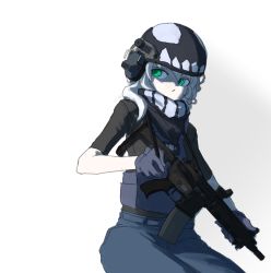 Rule 34 | 10s, 1girl, abyssal ship, adapted costume, assault rifle, body armor, bulletproof vest, ear protection, female focus, gradient background, green eyes, gun, gun sling, helmet, highres, kantai collection, military operator, rifle, sate, solo, weapon, white background, white hair, wo-class aircraft carrier