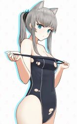 Rule 34 | 1girl, absurdres, animal ear fluff, animal ears, black one-piece swimsuit, black scrunchie, blue archive, blue eyes, breasts, cleavage, closed mouth, competition swimsuit, extra ears, grey hair, hair ornament, hair scrunchie, halo, highres, looking at viewer, medium breasts, medium hair, mismatched pupils, monstarno, official alternate costume, one-piece swimsuit, ponytail, scrunchie, shiroko (blue archive), shiroko (swimsuit) (blue archive), solo, swimsuit, torn clothes, torn swimsuit, wolf ears