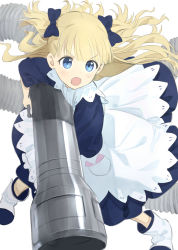 Rule 34 | 1girl, blonde hair, blue bow, blue dress, blue eyes, blue footwear, blush, bow, dress, emilico (shadows house), grey background, hair bow, highres, holding, long hair, multicolored footwear, open mouth, shadows house, simple background, solo, standing, tube, v-shaped eyebrows, vacuum tube, wasabi60, white footwear