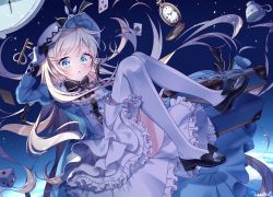 Rule 34 | 1girl, absurdres, alice (arcaea), aqua eyes, arcaea, black bow, black bowtie, black footwear, blonde hair, blue dress, blue shirt, bow, bowtie, box, card, chess piece, cup, dice, dress, footwear bow, full body, gloves, hand on headwear, high heels, highres, key, lanubis, long hair, long sleeves, looking at viewer, open mouth, planet, playing card, pocket watch, shirt, solo, space, teacup, thighhighs, watch, white headwear, white thighhighs