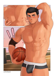 Rule 34 | !, !!, 1boy, abs, absurdres, arm behind head, artist name, ball, bara, basketball (object), black hair, blush, briefs, bulge, closed mouth, green eyes, grey male underwear, highres, holding, holding ball, large pectorals, male focus, male underwear, mikicat, muscular, muscular male, navel, nipples, original, pectorals, short hair, smile, solo, topless male, underwear