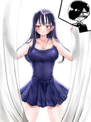Rule 34 | 1boy, 1girl, ao tanuki, bare shoulders, blue dress, blue hair, blush, boku no kokoro no yabai yatsu, breasts, brown eyes, cleavage, closed mouth, collarbone, curtains, dark blue hair, dress, highres, ichikawa kyoutarou, large breasts, looking to the side, mole, mole on neck, outstretched arms, spread arms, spread legs, standing, yamada anna