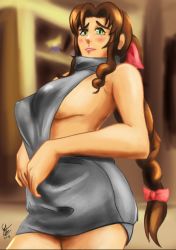 Rule 34 | 1girl, aerith gainsborough, bare shoulders, blush, braid, breasts, brown hair, cleavage, final fantasy, final fantasy vii, gohasen382, green eyes, grey sweater, hair ornament, hair ribbon, large breasts, lips, meme attire, ponytail, ribbon, sideboob, square enix, square soft, sweater, tagme, thick thighs, thighs, virgin killer sweater