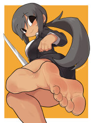 Rule 34 | 1girl, absurdres, bare legs, barefoot, black hair, blush, commentary, dark-skinned female, dark skin, feet, foot focus, foot out of frame, from side, highres, oyatsu (mk2), ponytail, simple background, soles, solo, sweatdrop, toenails, toes, tomomi (game), tomomi (tomomi), two-tone background