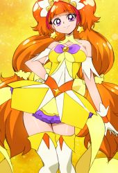 Rule 34 | 1girl, amanogawa kirara, bare shoulders, breasts, brown hair, cleavage, cure twinkle, earrings, gloves, go! princess precure, hand on own hip, jewelry, long hair, looking at viewer, magical girl, oimanji, precure, purple eyes, smile, solo, star (symbol), star earrings, thighhighs, twintails, very long hair, white gloves