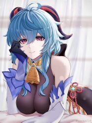 Rule 34 | 1girl, absurdres, ahoge, bare shoulders, black gloves, blue hair, bodystocking, breasts, commentary request, detached sleeves, ganyu (genshin impact), genshin impact, gloves, hair between eyes, hand up, head rest, highres, horns, large breasts, long hair, long sleeves, looking at viewer, purple eyes, ritou08, skirt, smile, solo, white skirt