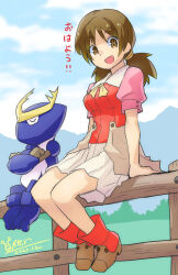 Rule 34 | 1girl, breasts, brown eyes, brown hair, character request, cloud, dated, fence, full body, highres, long hair, looking at viewer, medium breasts, monster farm, mountain, open mouth, oyster (artist), signature, sitting, skirt, smile, tree, twintails