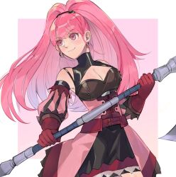 Rule 34 | 1girl, axe, black dress, border, breasts, cleavage, closed mouth, commentary request, detached sleeves, dress, earrings, eyelashes, female focus, fire emblem, fire emblem: three houses, fire emblem warriors: three hopes, gloves, halberd, hilda valentine goneril, holding, holding axe, holding polearm, holding weapon, hoop earrings, jewelry, large breasts, long hair, luffa88k, matching hair/eyes, nintendo, outside border, pink background, pink dress, pink eyes, pink hair, polearm, puffy sleeves, red gloves, simple background, sleeveless, sleeveless dress, smile, solo, twintails, weapon, white border