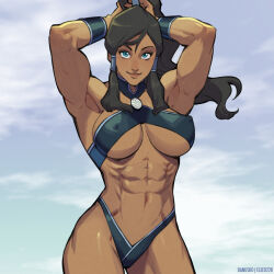 Rule 34 | 1girl, abs, absurdres, armpits, arms up, avatar legends, blue eyes, breasts, breasts apart, closed mouth, covered erect nipples, danusko, dark-skinned female, dark skin, hair tubes, highres, korra, large breasts, lips, muscular, muscular female, ponytail, second-party source, sidelocks, sky, smile, solo, swimsuit, the legend of korra