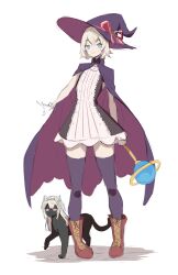 Rule 34 | 1girl, :3, absurdres, black cape, black dress, black headwear, black thighhighs, blonde hair, blue eyes, blue hair, cape, cat, cosplay, daydarion, dress, flat chest, fuwawa abyssgard, hat, highres, holding, holding staff, hololive, hololive english, little witch nobeta, looking at viewer, mococo abyssgard, multicolored hair, nobeta, nobeta (cosplay), pink cape, pink hair, smile, staff, streaked hair, thighhighs, two-sided cape, two-sided fabric, virtual youtuber, witch hat