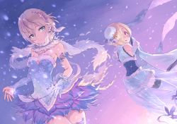 Rule 34 | 10s, 2girls, anastasia (idolmaster), armlet, bad id, bad pixiv id, bags under eyes, bare shoulders, blonde hair, blue dress, blue eyes, blue gloves, blush, brown eyes, corset, detached sleeves, dress, feather boa, fur trim, gloves, hair ornament, hair over one eye, highres, idolmaster, idolmaster cinderella girls, jewelry, looking back, multiple girls, necklace, open mouth, scarf, shirasaka koume, short hair, silver hair, single glove, skirt, sleeves past wrists, smile, snow, snowing, tamaext, thighhighs, wide sleeves