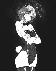 Rule 34 | 1girl, :/, animal ears, bangs pinned back, bare shoulders, breasts, cleavage, closed mouth, covered navel, cowboy shot, crossed arms, eitopondo, fake animal ears, fake tail, from side, greyscale, hair ornament, hairclip, hairpin, hatching (texture), highleg, highleg leotard, higuchi madoka, idolmaster, idolmaster shiny colors, large breasts, legs together, leotard, linear hatching, looking at viewer, monochrome, playboy bunny, rabbit ears, rabbit tail, short hair, sidelocks, solo, strapless, strapless leotard, tail, thighhighs
