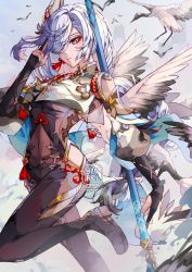 Rule 34 | 1girl, bird, bodysuit, braid, breasts, closed mouth, crane (animal), eyeshadow, genshin impact, green eyes, hair over one eye, hand up, highres, hip vent, holding, holding polearm, holding weapon, knee up, long braid, long hair, looking at viewer, makeup, medium breasts, nail polish, navel, polearm, shenhe (genshin impact), silver hair, single braid, solo, weapon, yeurei