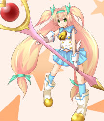 Rule 34 | 1girl, arc system works, baram, bell, blazblue, blazblue: continuum shift, blonde hair, boots, bow, gloves, green eyes, hair bow, long hair, low-tied long hair, muchourin, platinum the trinity, quad tails, skirt, staff, star (symbol), symbol-shaped pupils, twintails, two side up, very long hair