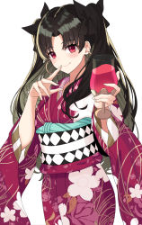 Rule 34 | 1girl, absurdres, black bow, black pantyhose, blush, bow, cup, drinking glass, fate/grand order, fate (series), hair bow, hair ribbon, highres, ishtar (fate), ishtar (puzzle &amp; dragons), japanese clothes, kimono, long hair, long skirt, looking at viewer, obi, pantyhose, red eyes, ribbon, rlawoals2588, sash, skirt, solo, white background, wine glass, yukata