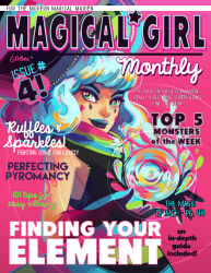 Rule 34 | 1girl, arm tattoo, black hands, black shirt, black tank top, blue eyeshadow, blue hair, blue lips, blue scarf, blue skirt, colored extremities, cover, diamond (shape), english text, eyeshadow, facial mark, fake magazine cover, geneva bowers, green scarf, green skirt, hat, magazine cover, magic, magical girl, makeup, original, pink background, pink scarf, pink skirt, ringed eyes, scarf, shirt, short hair, skirt, sleeveless, solo, striped clothes, striped headwear, striped scarf, striped skirt, tank top, tattoo, yellow pupils
