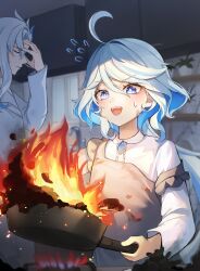 Rule 34 | 1boy, 1girl, absurdres, blue eyes, blue hair, closed eyes, commentary, cooking, fire, furina (genshin impact), genshin impact, hair between eyes, heterochromia, highres, holding pan, indoors, kitchen, light blue hair, long hair, long sleeves, multicolored hair, neuvillette (genshin impact), open mouth, shirt, sidelocks, smile, streaked hair, sweatdrop, teeth, two-tone hair, upper body, upper teeth only, white shirt, window, youwon0417