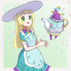Rule 34 | 1girl, blonde hair, blunt bangs, blush, commentary request, creatures (company), dress, eyelashes, game freak, gen 8 pokemon, green dress, green eyes, hat, lillie (pokemon), lillie (special costume) (pokemon), long hair, nintendo, official alternate costume, open mouth, own hands together, petals, pokemon, pokemon (creature), pokemon masters ex, polteageist, shiroiurushi, smile, steepled fingers, tongue, white headwear