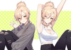 Rule 34 | 1girl, armpits, arms up, blonde hair, blush, breasts, cleavage, closed mouth, commentary, denim, dot nose, earrings, hair between eyes, hair bun, jeans, jewelry, large breasts, long sleeves, looking at viewer, multiple rings, multiple views, necklace, nijisanji, nui sociere, nui sociere (7th costume), official alternate costume, one eye closed, pants, polka dot, polka dot background, puffy long sleeves, puffy sleeves, ring, sidelocks, sitting, symbol-only commentary, tank top, tokki, torn clothes, torn jeans, torn pants, virtual youtuber, white tank top, yellow eyes