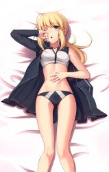 Rule 34 | 1girl, absurdres, ahoge, artoria pendragon (fate), artoria pendragon (swimsuit archer) (fate), artoria pendragon (swimsuit archer) (second ascension) (fate), bed sheet, bikini, black bikini, black jacket, boa (brianoa), breasts, fate/grand order, fate (series), from above, green eyes, highres, jacket, long hair, looking at viewer, lying, midriff, navel, on back, one eye closed, open clothes, open jacket, open mouth, ponytail, small breasts, solo, sports bikini, stomach, swimsuit, unzipped, white bikini