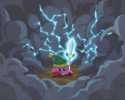 Rule 34 | closed mouth, cloud, dirty, dirty face, glaring, green headwear, holding, holding sword, holding weapon, kirby, kirby (series), lightning, looking at viewer, miclot, nintendo, no humans, solo, sword, sword kirby, weapon