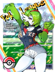 Rule 34 | 1girl, arm up, artist name, barcode, belt, black choker, blue shirt, bob cut, border, breasts, choker, cleavage, clothed pokemon, clothes writing, collarbone, colored skin, cowboy shot, creatures (company), earrings, english text, facial mark, female focus, game freak, gardevoir, gen 3 pokemon, gooroomee, green hair, green skin, hair over one eye, hairband, half-closed eyes, hand up, happy, heart, highres, jewelry, large breasts, looking at viewer, micro shorts, mole, mole under eye, multicolored skin, nintendo, one eye covered, open mouth, outside border, personification, pixiv username, pocket, poke ball symbol, pokemon, pokemon (creature), pokemon swsh, red eyes, red hairband, shirt, shirt tucked in, short hair, short sleeves, shorts, smile, solo, stadium, standing, star (symbol), star earrings, thighs, twitter username, two-tone skin, unownglyphics, white border, white shorts, white skin, wristband