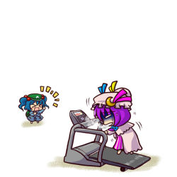 Rule 34 | &gt; &lt;, 2girls, :d, > <, ^^^, backpack, bag, blue hair, breath, cheering, chibi, closed eyes, exercising, female focus, hair bobbles, hair ornament, hat, kawashiro nitori, multiple girls, open mouth, patchouli knowledge, purple hair, randoseru, short hair, simple background, smile, socha, touhou, treadmill, twintails, two side up, xd