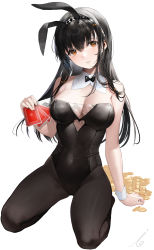 Rule 34 | 1girl, animal ears, bare shoulders, black bow, black bowtie, black hair, black pantyhose, bow, bowtie, breasts, bunny day, card, cleavage, coin, covered navel, detached collar, fake animal ears, full body, hair between eyes, haori io, highres, holding, holding card, leotard, looking at viewer, medium breasts, orange eyes, original, pantyhose, parted lips, playboy bunny, rabbit ears, simple background, sitting, smile, solo, wariza, white background