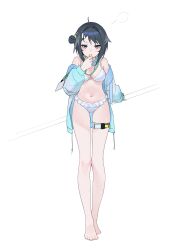 Rule 34 | 1girl, puff of air, absurdres, ahoge, arknights, bare shoulders, barefoot, bikini, black eyes, black hair, blowing whistle, blue jacket, blush, breasts, cleavage, daya (13urntsienna), frilled bikini, frills, full body, goggles, goggles around neck, hair intakes, hair ornament, highres, jacket, la pluma (arknights), la pluma (summer flowers) (arknights), lanyard, long sleeves, looking at viewer, medium hair, navel, off shoulder, small breasts, solo, standing, swimsuit, thigh strap, toes, whistle, white background, white bikini