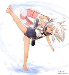 Rule 34 | 1girl, blue eyes, covered navel, crop top, dated, flower, fujisaki yuu, full body, hair flower, hair ornament, high kick, kantai collection, kicking, leg up, lifebuoy, long hair, one-piece swimsuit, one-piece tan, open mouth, ro-500 (kancolle), school swimsuit, solo, standing, standing on one leg, swim ring, swimsuit, swimsuit under clothes, tan, tanline, torpedo, white background, white hair