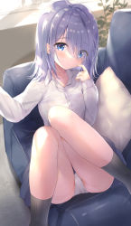 Rule 34 | 1girl, amedamacon, black skirt, black socks, blue eyes, blush, breasts, closed mouth, collarbone, collared shirt, commentary request, couch, dress shirt, eyes visible through hair, feet out of frame, hair over one eye, hand up, highres, indoors, knees together feet apart, knees up, long sleeves, looking at viewer, lying, on back, on couch, original, panties, pillow, pleated skirt, purple hair, shirt, skirt, sleeves past wrists, small breasts, socks, solo, underwear, white panties, white shirt