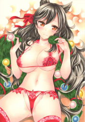 Rule 34 | 1girl, animal ears, atago (azur lane), azur lane, bare arms, black hair, blush, bra, breasts, cameltoe, christmas, christmas lights, cleavage, closed mouth, collarbone, commentary request, cowboy shot, gluteal fold, groin, hair ribbon, hands up, head tilt, highres, holding, large breasts, lingerie, long hair, looking at viewer, micro panties, mole, mole under eye, navel, orange eyes, panties, pom pom (clothes), red bra, red panties, red ribbon, red thighhighs, ribbon, santa costume, saya pr, sitting, smile, solo, stomach, thighhighs, thighs, underwear, very long hair, wavy hair