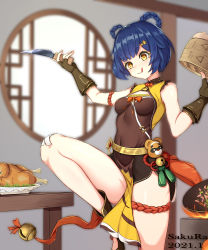 Rule 34 | 1girl, :q, absurdres, arm strap, bamboo steamer, bandaid, bandaid on knee, bandaid on leg, bare shoulders, bell, black gloves, black shorts, blue hair, braid, braided hair rings, breasts, chicken (food), dated, fingerless gloves, fire, flower sakura, food, genshin impact, gloves, guoba (genshin impact), hair ornament, hair rings, hairclip, hands up, head tilt, highres, holding, holding knife, indoors, jingle bell, knife, short hair, short shorts, shorts, sleeveless, small breasts, solo, standing, standing on one leg, thick eyebrows, thigh strap, thighs, tongue, tongue out, xiangling (genshin impact), yellow eyes