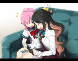 Rule 34 | 10s, 2girls, black hair, cellphone, couch, hair ribbon, kantai collection, letterboxed, long hair, multicolored hair, multiple girls, naganami (kancolle), nassukun, nenohi (kancolle), open mouth, phone, pink hair, ribbon, school uniform, sitting, skirt, smartphone, smile, yellow eyes