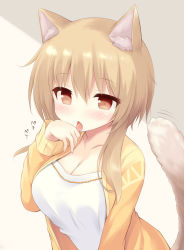 Rule 34 | 1girl, animal ear fluff, animal ears, blush, breasts, brown eyes, brown hair, brown jacket, cat ears, cat girl, cat tail, cleavage, commentary request, hair between eyes, hand up, highres, iris mysteria!, jacket, large breasts, laura kelyrie, licking, licking hand, long hair, long sleeves, open clothes, open jacket, parted lips, shirt, solo, tail, tail raised, tongue, tongue out, white shirt, yuu (yumezakura)