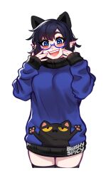 Rule 34 | 1girl, :d, animal ears, animal print, black sweater, blue-framed eyewear, blue sweater, blush, blushyspicy, breasts, cat ears, cat print, cowboy shot, earrings, fake animal ears, fangs, hands up, happy, horns, jewelry, large breasts, mole, mole under eye, open mouth, original, pointy ears, simple background, smile, sweater, thighhighs, tongue, vampire, vivian seong (blushyspicy), zettai ryouiki