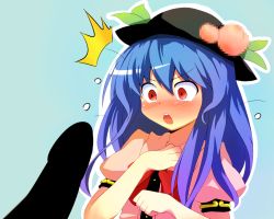 Rule 34 | 1girl, blue hair, blush, bow, censored, dorowa no hito, female focus, food, fruit, hat, highres, hinanawi tenshi, leaf, long hair, mosaic censoring, open mouth, peach, penis awe, pointless censoring, puffy sleeves, red eyes, short sleeves, solo, touhou