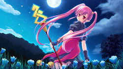 Rule 34 | 00s, 1girl, battle mage (dungeon and fighter), bellatrix, black gloves, blue flower, cloud, collar, dungeon and fighter, fingerless gloves, flower, gloves, grass, hair ornament, highres, holding, long hair, looking at viewer, mage (dungeon and fighter), miu (c blue), moon, mountain, night, outdoors, pink hair, pointy ears, red eyes, skirt, smile, solo, staff, star (symbol), tree, twintails