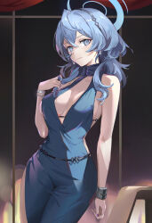 Rule 34 | 1girl, absurdres, ako (blue archive), ako (dress) (blue archive), black hairband, blue archive, blue dress, blue eyes, blue hair, blue halo, breasts, closed mouth, cowboy shot, cuffs, dress, earrings, fingernails, hair between eyes, hairband, halo, handcuffs, highres, jewelry, kuza brs, large breasts, long hair, looking at viewer, nail polish, official alternate costume, purple nails, sideboob, sleeveless, sleeveless dress, smile, solo